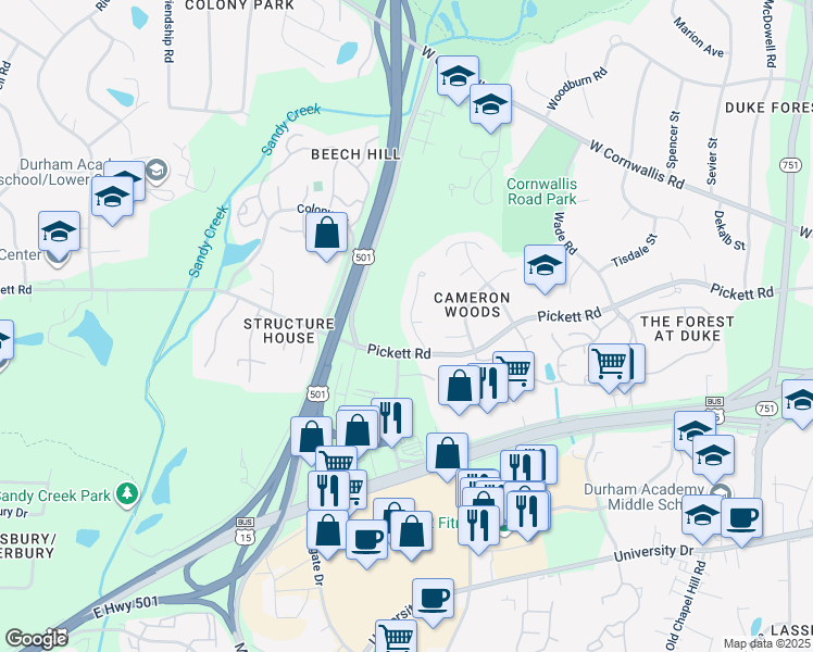 map of restaurants, bars, coffee shops, grocery stores, and more near 2822 Pickett Road in Durham