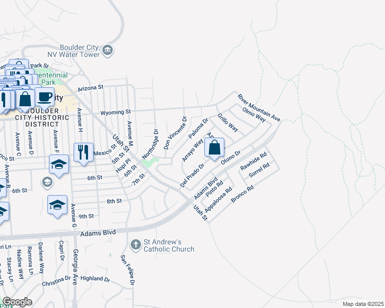 map of restaurants, bars, coffee shops, grocery stores, and more near 647 Arrayo Way in Boulder City