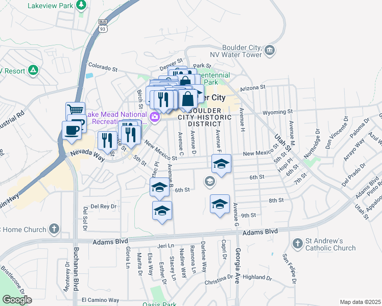 map of restaurants, bars, coffee shops, grocery stores, and more near in Boulder City