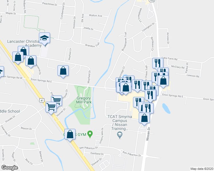 map of restaurants, bars, coffee shops, grocery stores, and more near 401 Enon Springs Road East in Smyrna