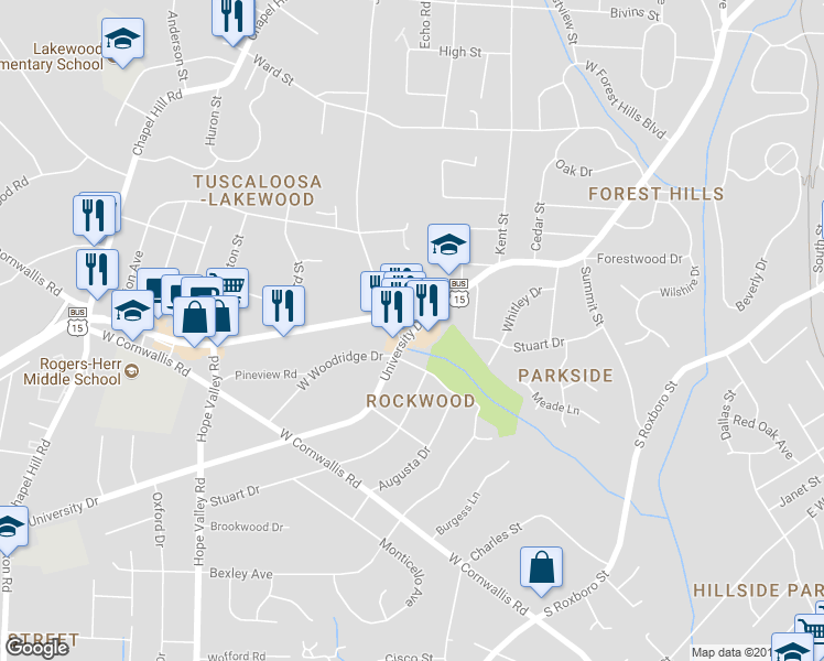 map of restaurants, bars, coffee shops, grocery stores, and more near 2508 University Drive in Durham