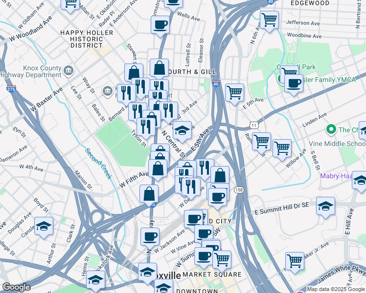 map of restaurants, bars, coffee shops, grocery stores, and more near 101 East 5th Avenue in Knoxville