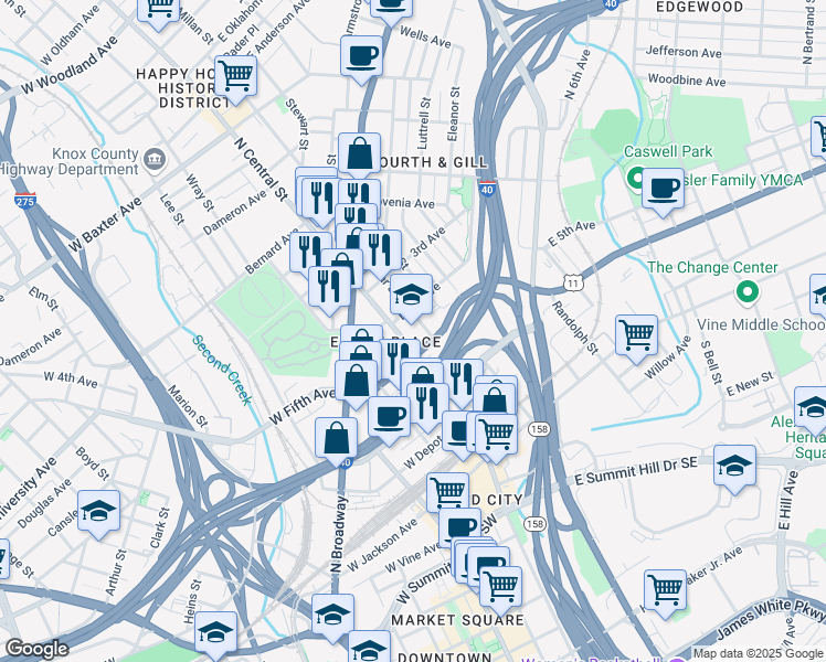 map of restaurants, bars, coffee shops, grocery stores, and more near 101 East 5th Avenue in Knoxville