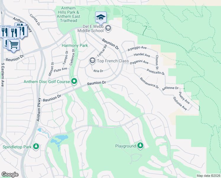 map of restaurants, bars, coffee shops, grocery stores, and more near 1 Ibis Court in Henderson