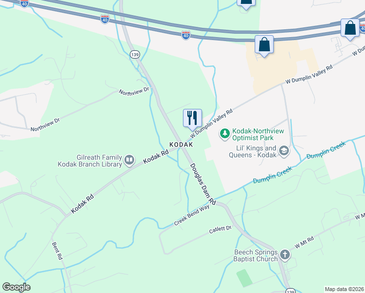 map of restaurants, bars, coffee shops, grocery stores, and more near Douglas Dam Road in Sevierville