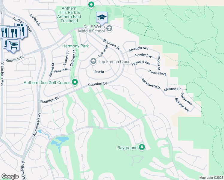map of restaurants, bars, coffee shops, grocery stores, and more near 1 Ibis Court in Henderson