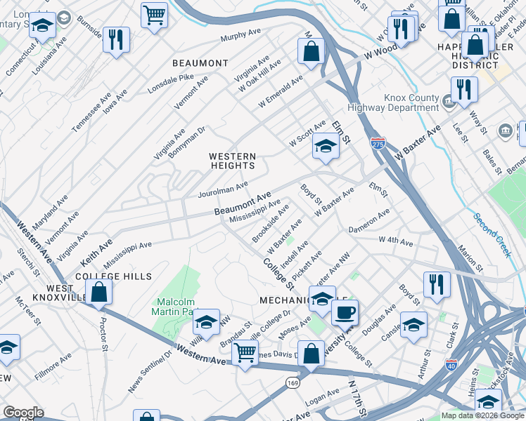 map of restaurants, bars, coffee shops, grocery stores, and more near 910 Reed Street in Knoxville