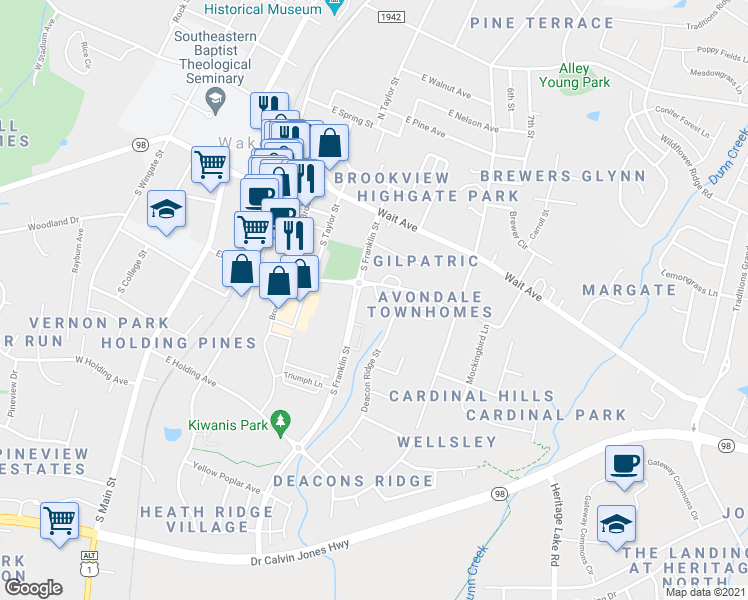 map of restaurants, bars, coffee shops, grocery stores, and more near 512 Elm Avenue in Wake Forest