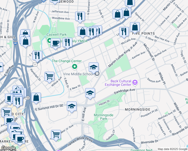 map of restaurants, bars, coffee shops, grocery stores, and more near 1807 Martin Luther King Junior Avenue in Knoxville