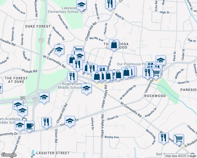 map of restaurants, bars, coffee shops, grocery stores, and more near 2726 U.S. 15 Business in Durham