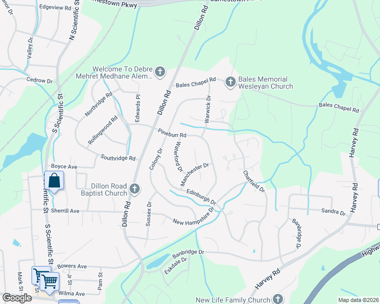 map of restaurants, bars, coffee shops, grocery stores, and more near 3209 Buckingham Court in Jamestown