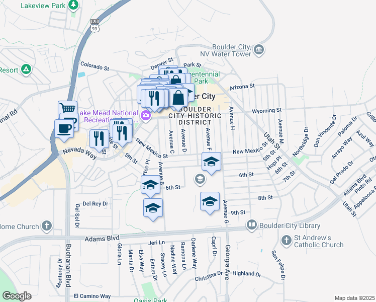 map of restaurants, bars, coffee shops, grocery stores, and more near in Boulder City