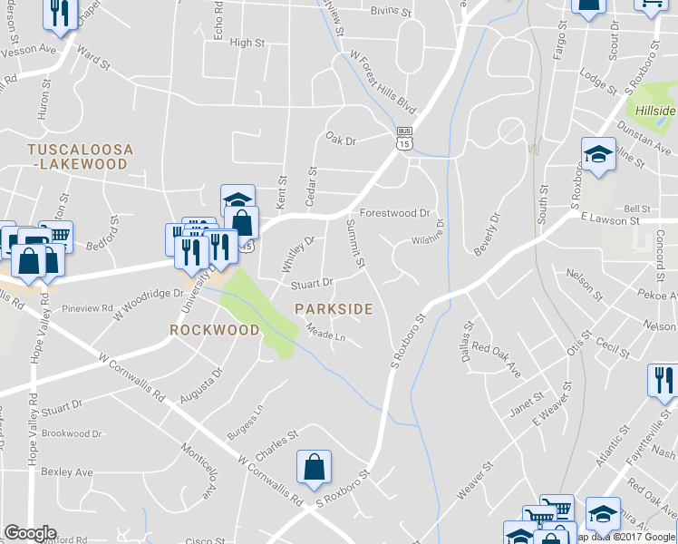 map of restaurants, bars, coffee shops, grocery stores, and more near 2112 Stuart Drive in Durham