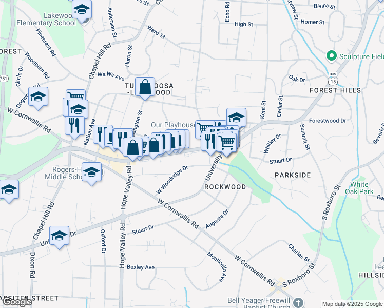 map of restaurants, bars, coffee shops, grocery stores, and more near 2515 U.S. 501 Business in Durham