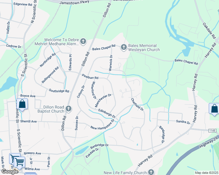 map of restaurants, bars, coffee shops, grocery stores, and more near 912 Pineburr Road in Jamestown