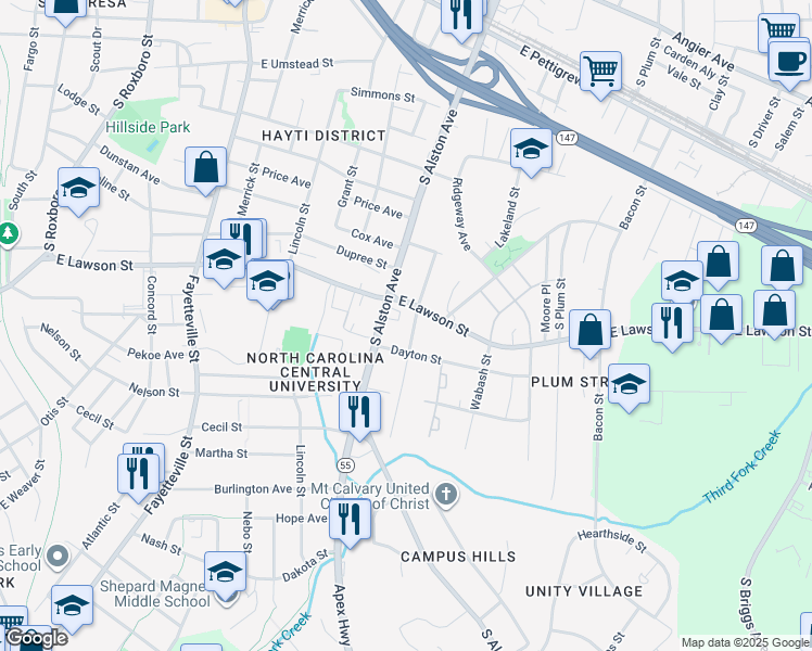 map of restaurants, bars, coffee shops, grocery stores, and more near 1306 Rosewood Street in Durham