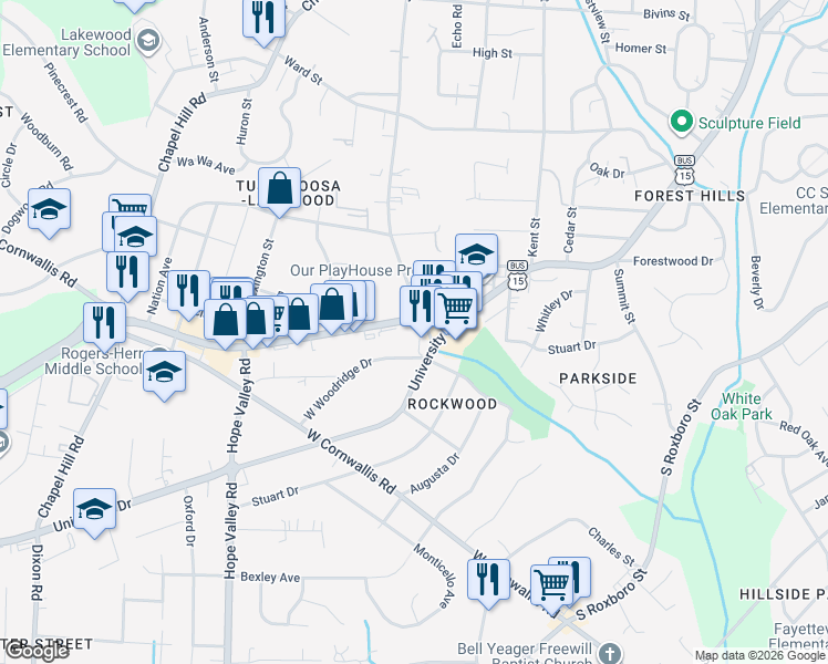 map of restaurants, bars, coffee shops, grocery stores, and more near 2505 Durham-Chapel Hill Boulevard in Durham