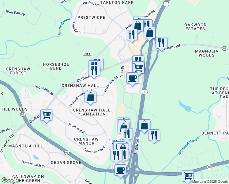 map of restaurants, bars, coffee shops, grocery stores, and more near 1113 Washhouse Lane in Wake Forest