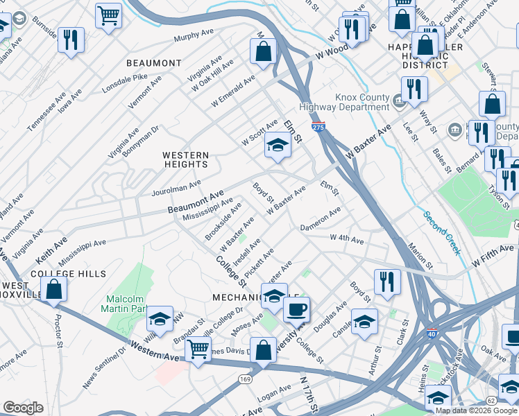 map of restaurants, bars, coffee shops, grocery stores, and more near 1200 Mercer Street Northwest in Knoxville