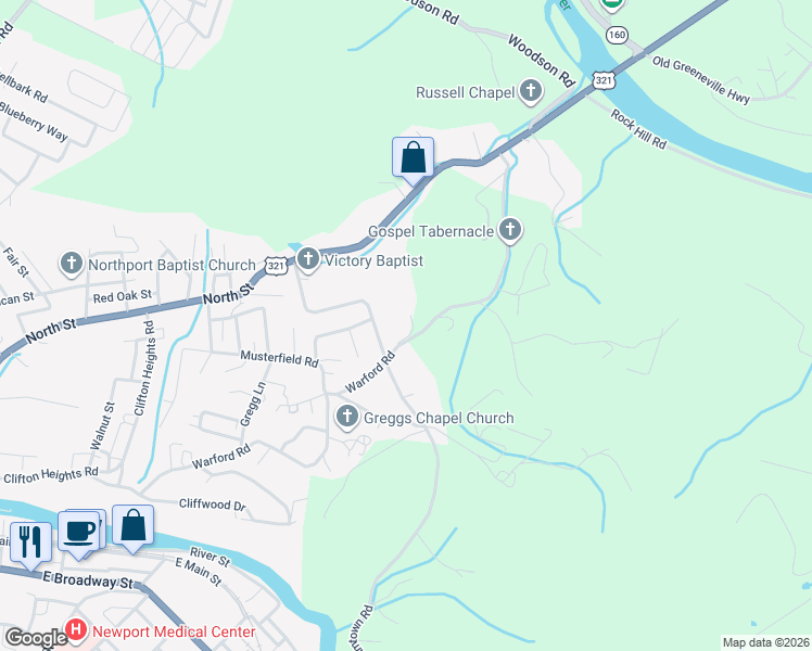 map of restaurants, bars, coffee shops, grocery stores, and more near 752 Warford Road in Newport