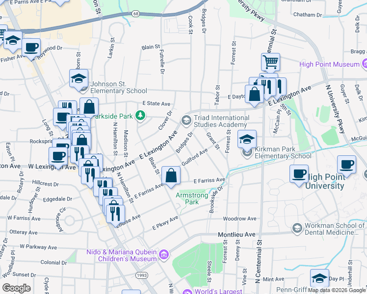 map of restaurants, bars, coffee shops, grocery stores, and more near 612 Bridges Drive in High Point