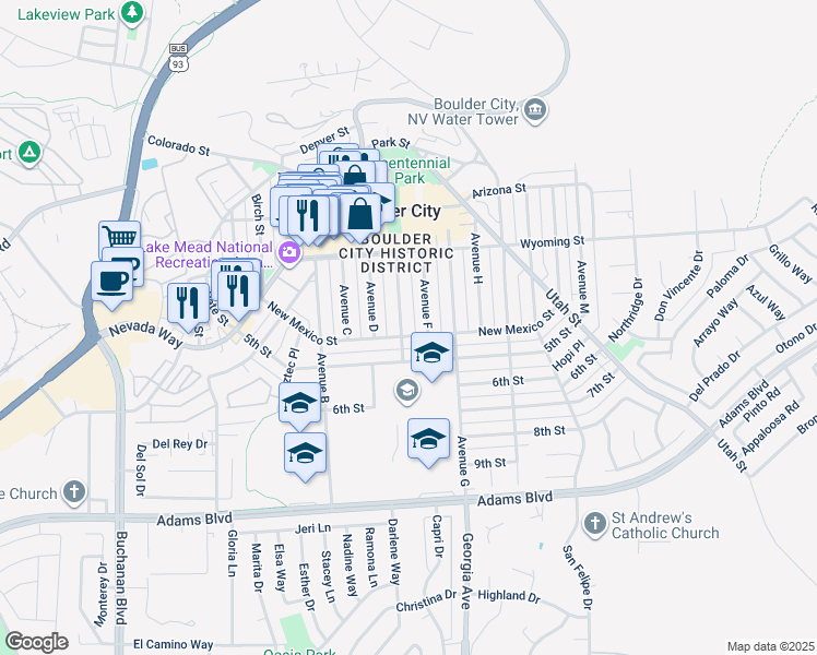 map of restaurants, bars, coffee shops, grocery stores, and more near 663 California Avenue in Boulder City
