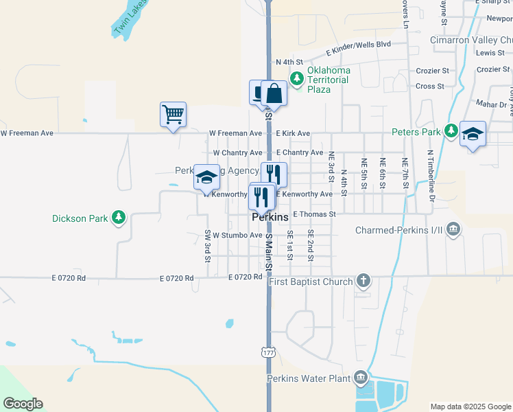 map of restaurants, bars, coffee shops, grocery stores, and more near 118 Northwest 1st Street in Perkins