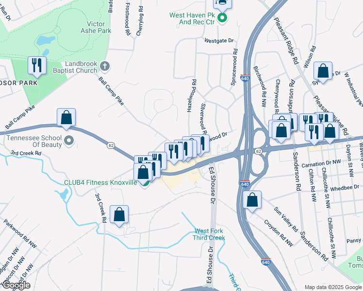 map of restaurants, bars, coffee shops, grocery stores, and more near 4411 Ball Camp Pike in Knoxville