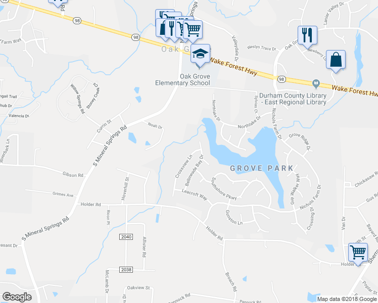 map of restaurants, bars, coffee shops, grocery stores, and more near 510 Crossview Lane in Durham