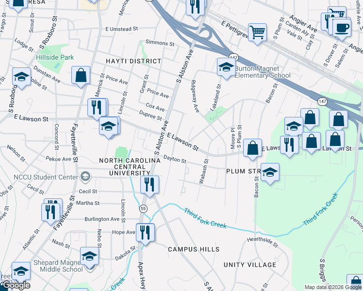map of restaurants, bars, coffee shops, grocery stores, and more near in Durham