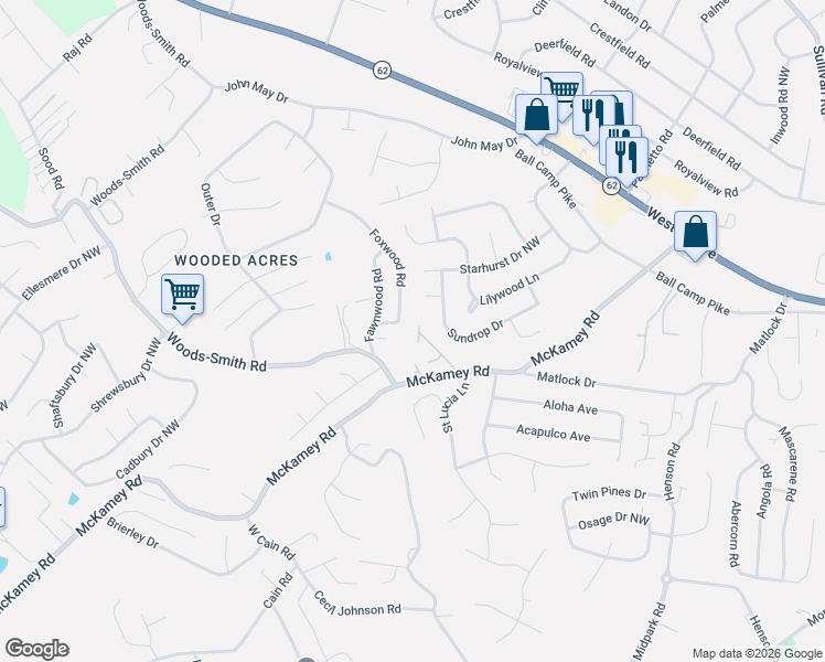 map of restaurants, bars, coffee shops, grocery stores, and more near 5113 Foxwood Road in Knoxville