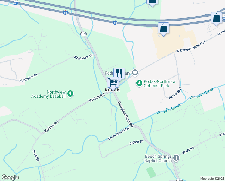 map of restaurants, bars, coffee shops, grocery stores, and more near Douglas Dam Road in Sevierville