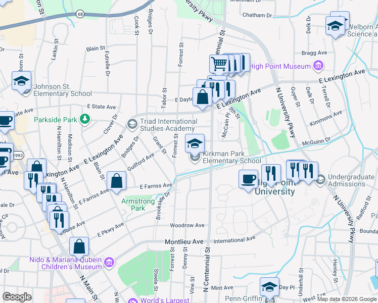 map of restaurants, bars, coffee shops, grocery stores, and more near 1117 Denny Street in High Point