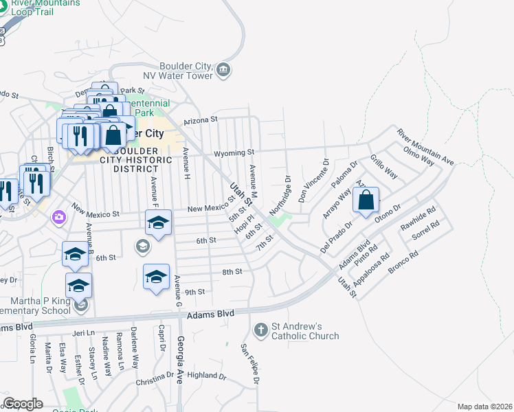 map of restaurants, bars, coffee shops, grocery stores, and more near 805 Utah Street in Boulder City