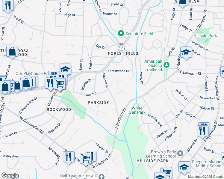 map of restaurants, bars, coffee shops, grocery stores, and more near 2201 Summit St in Durham