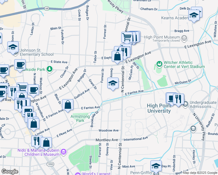 map of restaurants, bars, coffee shops, grocery stores, and more near 3369 Obsidian Court in High Point