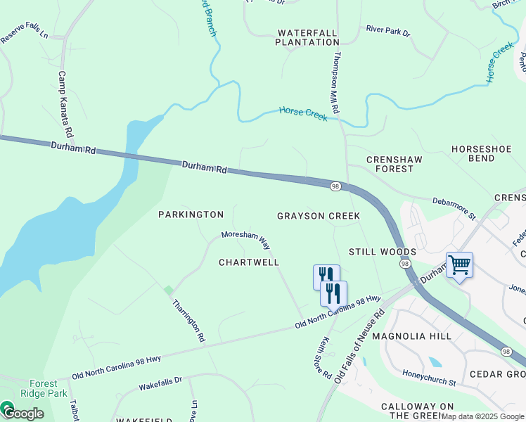 map of restaurants, bars, coffee shops, grocery stores, and more near 7009 Moresham Way in Wake Forest