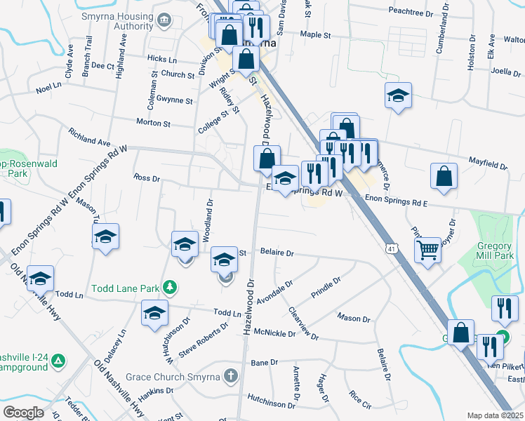 map of restaurants, bars, coffee shops, grocery stores, and more near 509 Hazelwood Drive in Smyrna