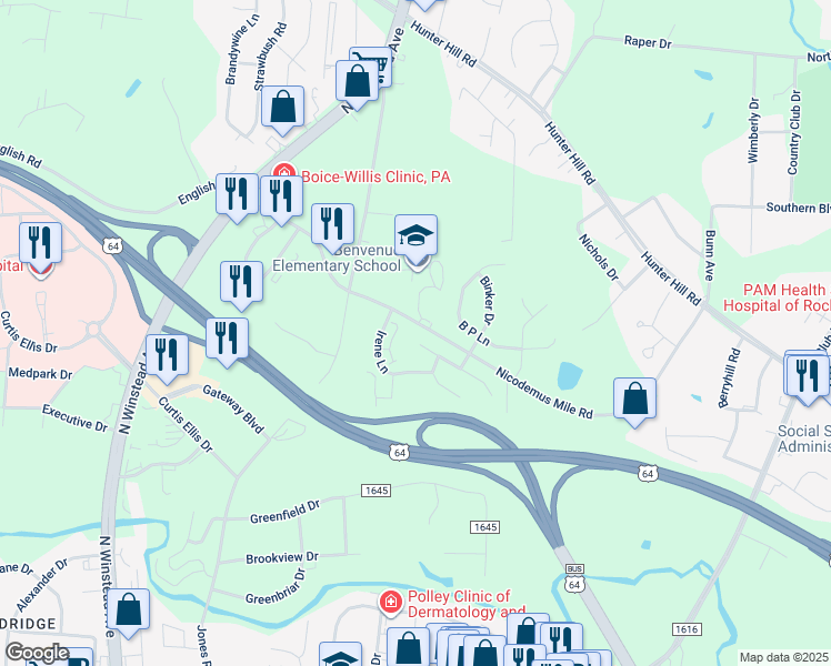 map of restaurants, bars, coffee shops, grocery stores, and more near 2532 Sexton Road in Rocky Mount