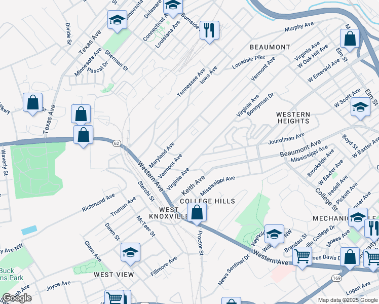 map of restaurants, bars, coffee shops, grocery stores, and more near 1940 Vermont Avenue in Knoxville