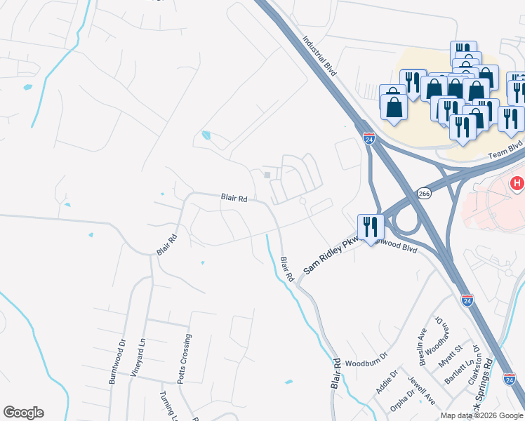 map of restaurants, bars, coffee shops, grocery stores, and more near 257-291 Blair Road in Smyrna
