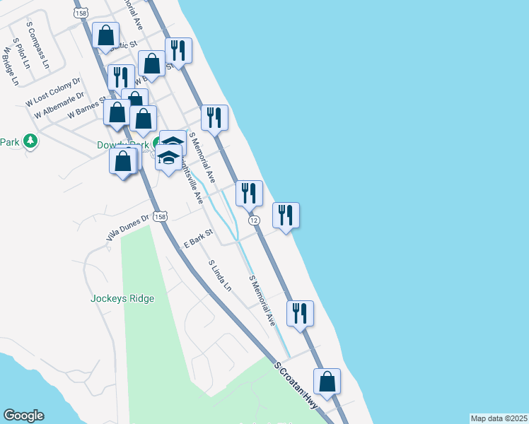 map of restaurants, bars, coffee shops, grocery stores, and more near 3309 South Virginia Dare Trail in Nags Head
