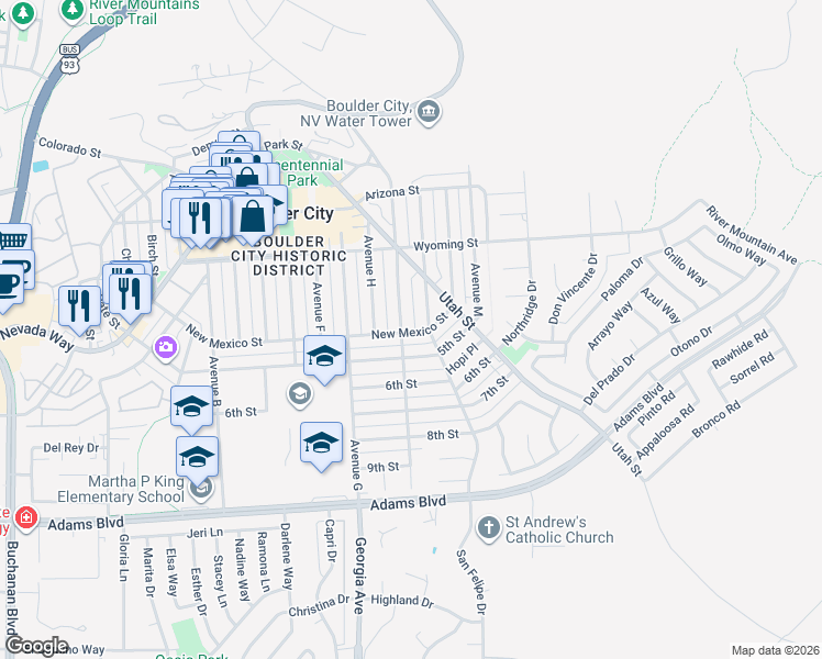 map of restaurants, bars, coffee shops, grocery stores, and more near 624 New Mexico Street in Boulder City