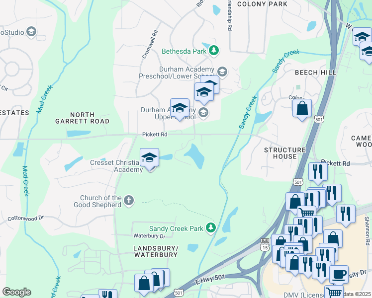 map of restaurants, bars, coffee shops, grocery stores, and more near 403 Emerald Pond Lane in Durham