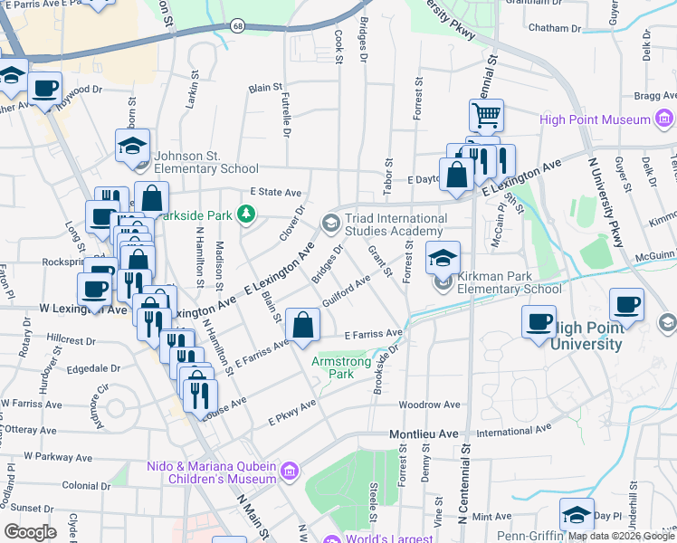 map of restaurants, bars, coffee shops, grocery stores, and more near 612 Bridges Drive in High Point