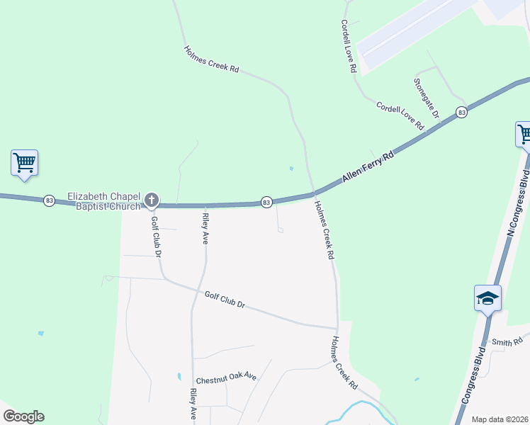 map of restaurants, bars, coffee shops, grocery stores, and more near 2140 Allen Ferry Road in Smithville