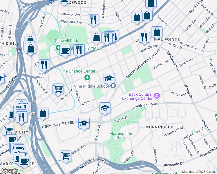 map of restaurants, bars, coffee shops, grocery stores, and more near 1807 Martin Luther King Junior Avenue in Knoxville