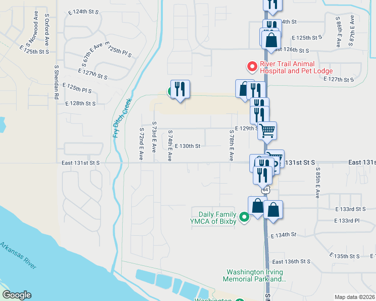 map of restaurants, bars, coffee shops, grocery stores, and more near 7426 E 130th Street South in Bixby