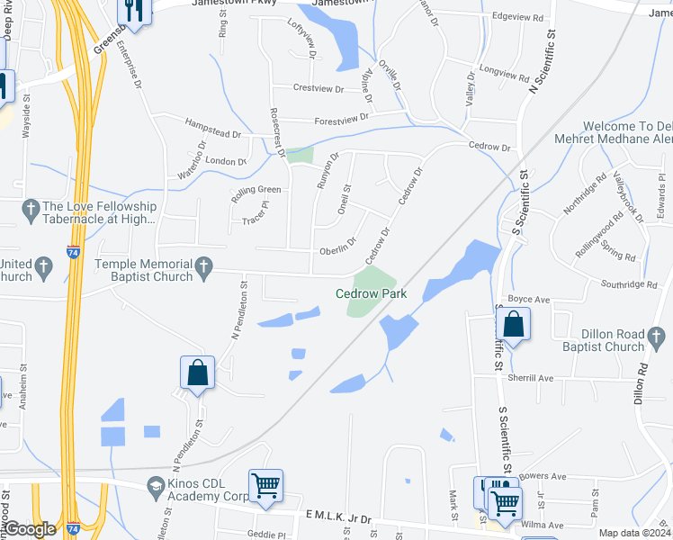 map of restaurants, bars, coffee shops, grocery stores, and more near 1707 Cedrow Drive in High Point