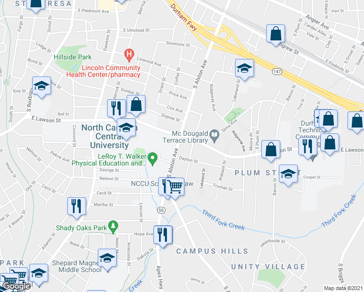 map of restaurants, bars, coffee shops, grocery stores, and more near 1306 Rosewood Street in Durham